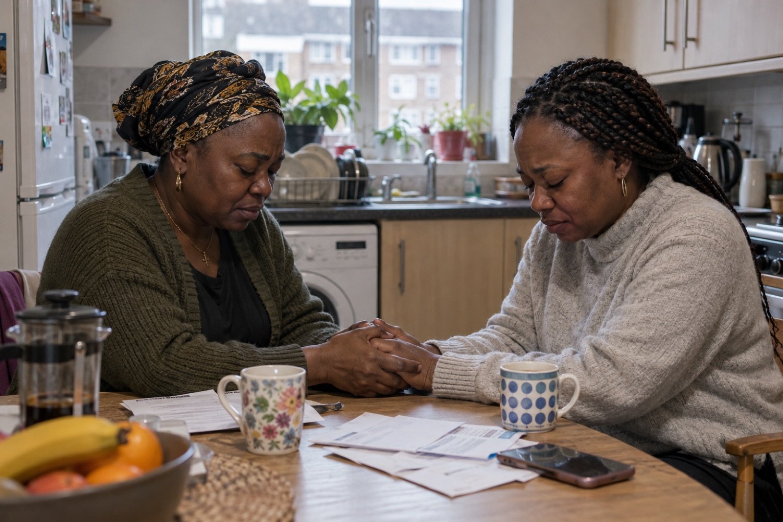 A woman praying at her kitchen table