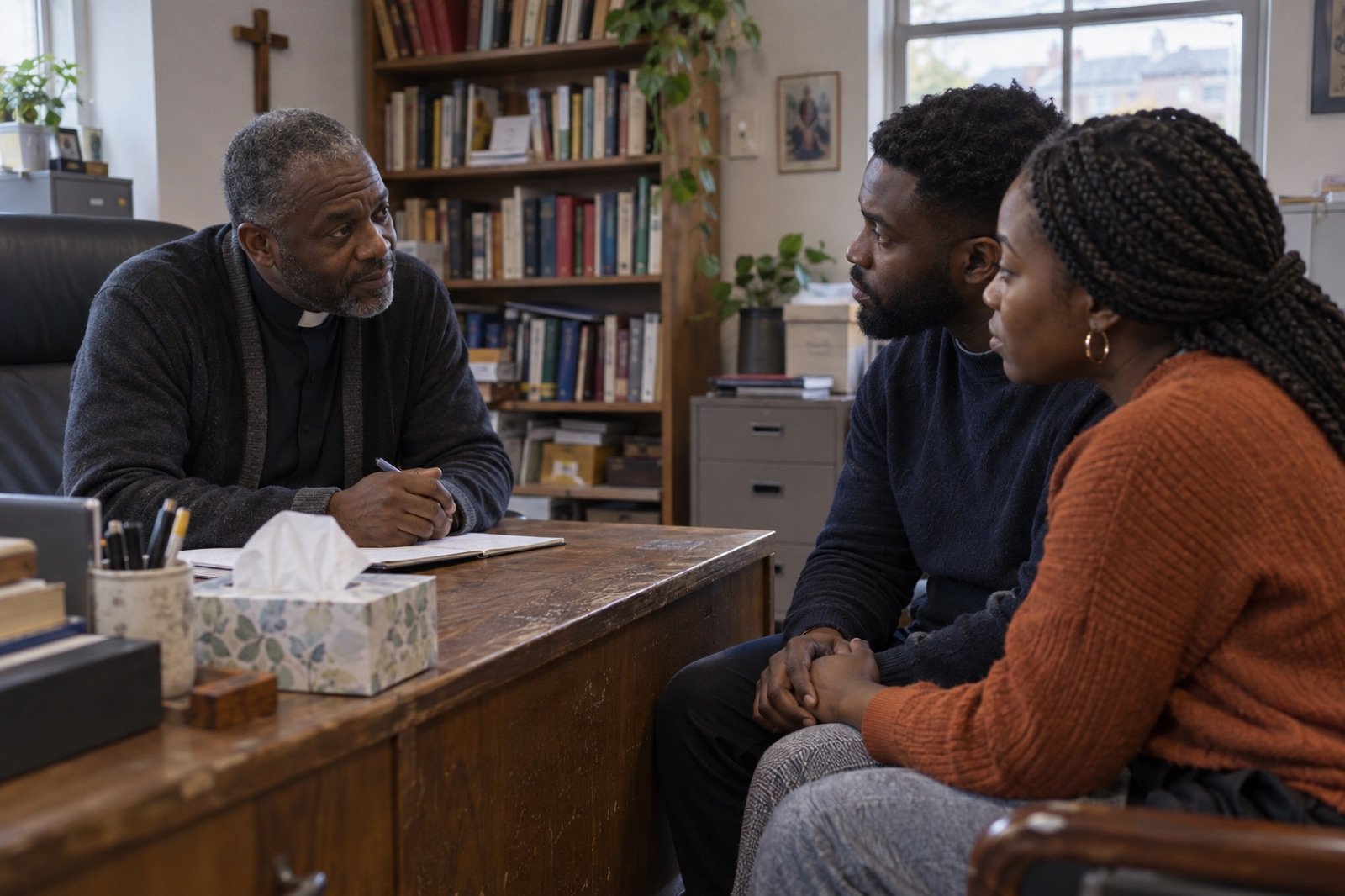 A minister listening to a young couple